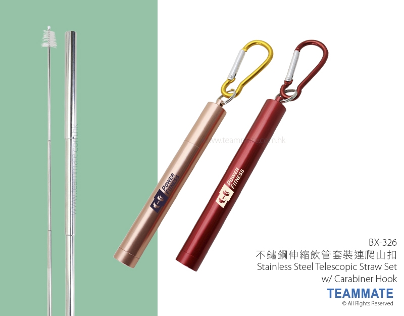 不鏽鋼伸縮飲管套裝連爬山扣 Stainless Steel Telescopic Straw Set w/ Carabiner Hook