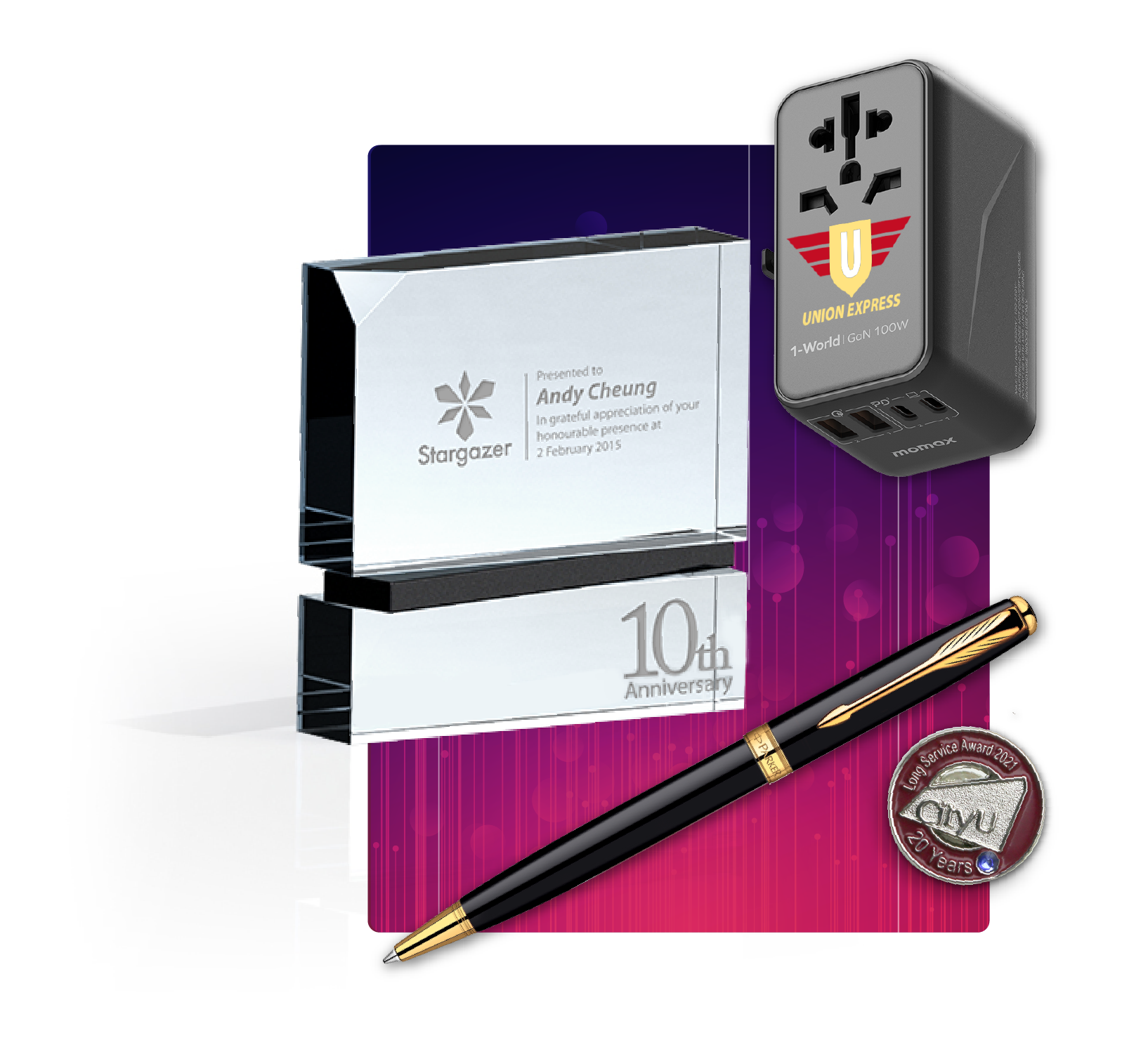 TEAMMATE 公司禮品訂製 — 水晶獎座、紀念襟章、訂製保溫杯、旅行 Adapter